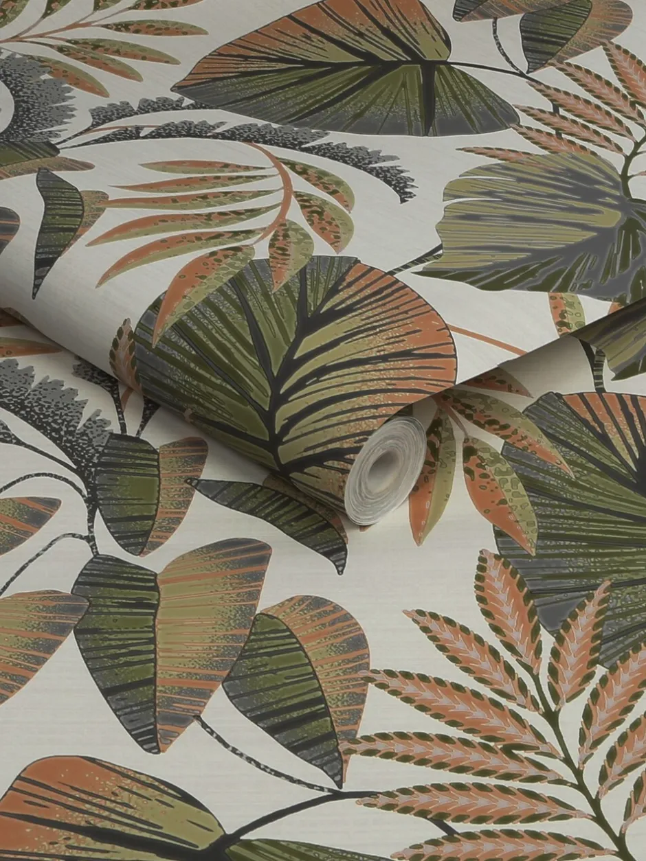 Behang|Next 10 m behang met junglebladeren Oranje