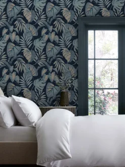 Behang|Next 10 m behang met junglebladeren Marineblauw