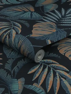 Behang|Next 10 m behang met junglebladeren Marineblauw