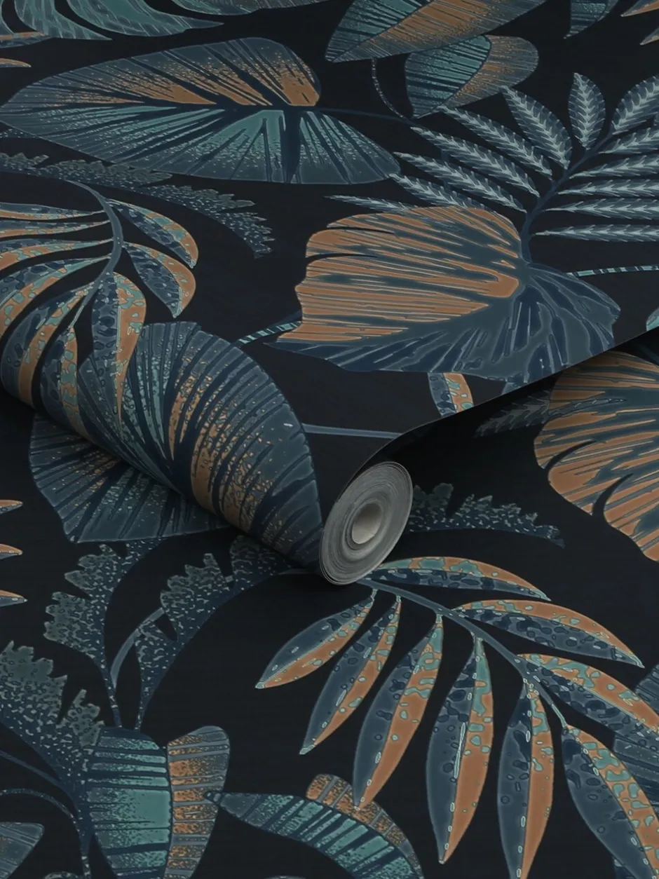 Behang|Next 10 m behang met junglebladeren Marineblauw