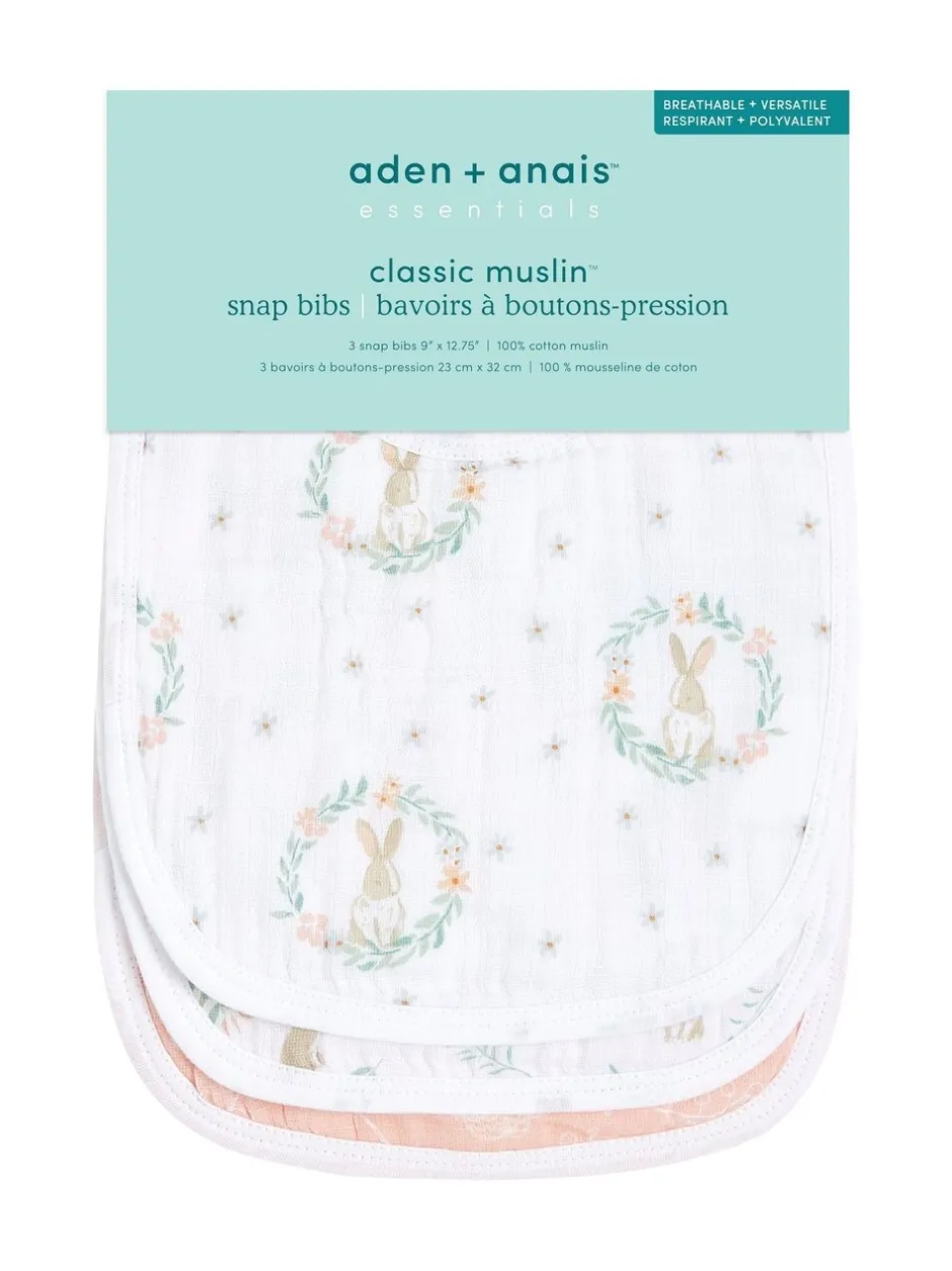 Slabbetjes|Aden + Anais essentials 100% katoenen mousseline slabbetjes met drukknoop en konijnen, verpakking van 3