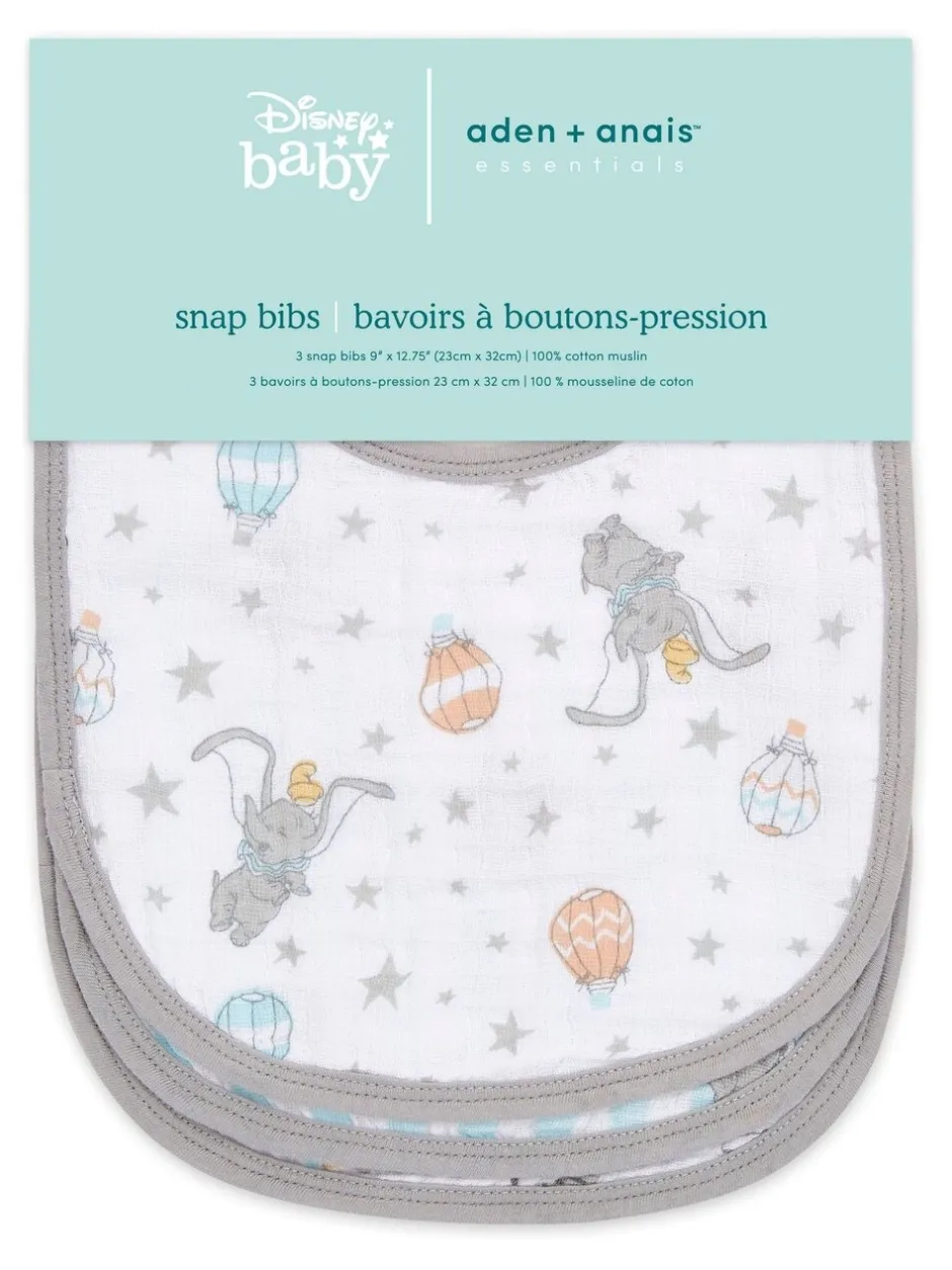Slabbetjes|Aden + Anais Essentials Muslin Snap Dumbo verpakking van 3 100% katoenen mousseline babyslabbetjes met drukknoop