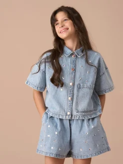 Overhemden En Blouses*Angel & Rocket Zeta Diamonte 100% katoenen denim overhemd met korte mouwen