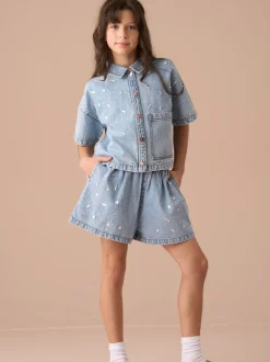 Overhemden En Blouses*Angel & Rocket Zeta Diamonte 100% katoenen denim overhemd met korte mouwen