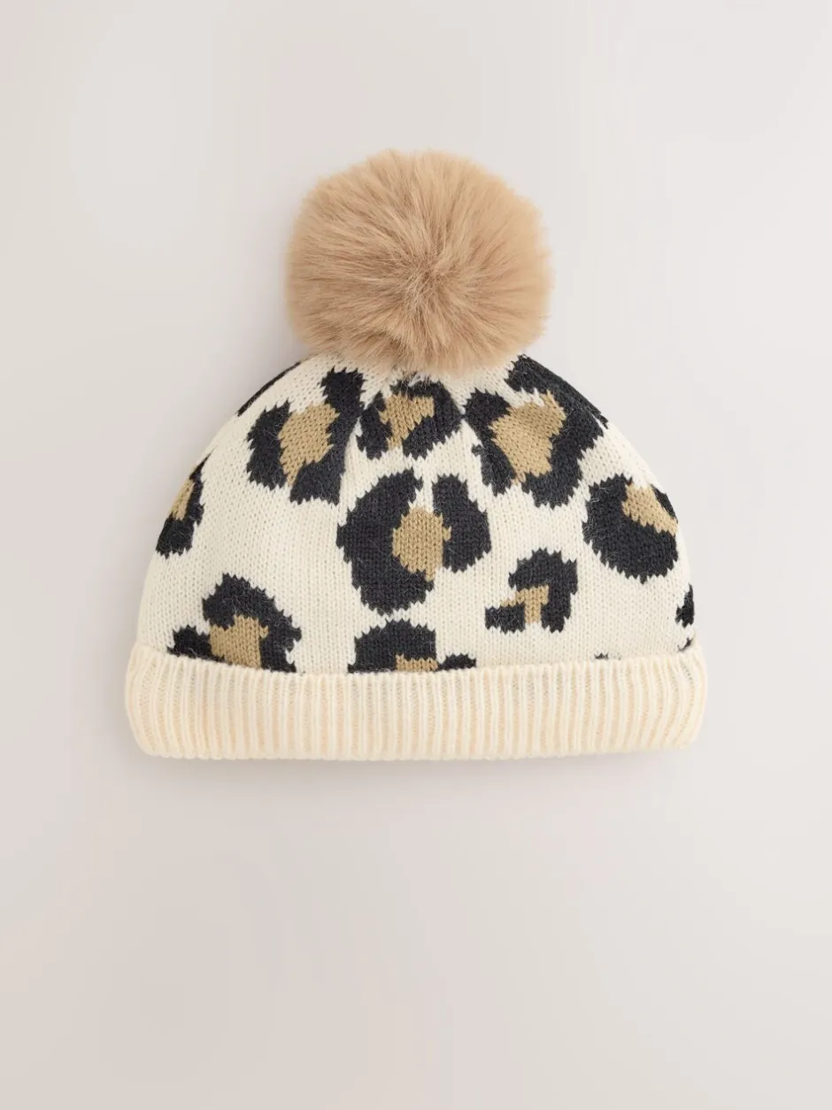Mutsjes En Antikrabwantjes|Mutsen, Handschoenen En Sjaals|Next Animal - Gebreide babymuts met print en pompon (0mnd -2jr)