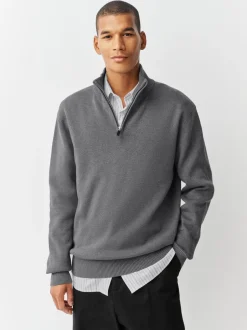 Gebreide Kleding|Next Antraciet - Effen - Regular fit 100% katoenen premium trui met korte rits