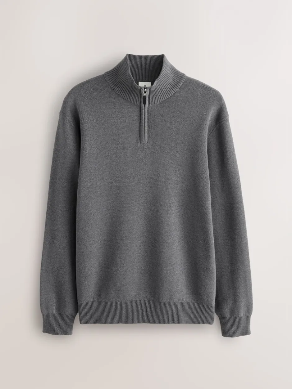 Gebreide Kleding|Next Antraciet - Effen - Regular fit 100% katoenen premium trui met korte rits