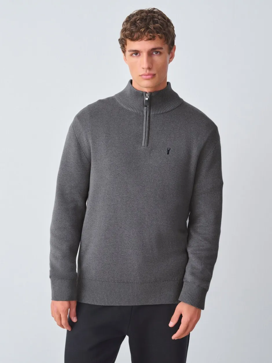 Gebreide Kleding|Next - Hertlogo - Regular fit 100% katoenen premium trui met korte rits Antraciet