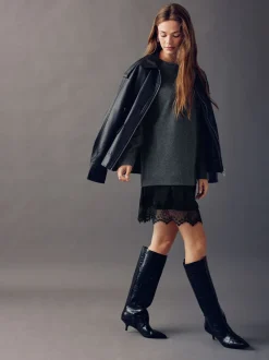 Gebreide Kleding|Jurken*Next - 2-In-1 Zacht aanvoelende trui met kanten rok Antraciet