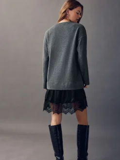 Gebreide Kleding|Jurken*Next - 2-In-1 Zacht aanvoelende trui met kanten rok Antraciet