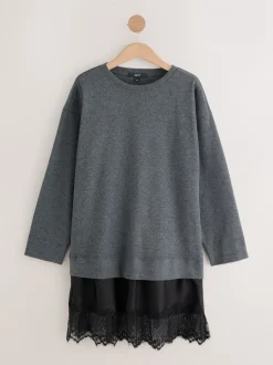 Gebreide Kleding|Jurken*Next - 2-In-1 Zacht aanvoelende trui met kanten rok Antraciet