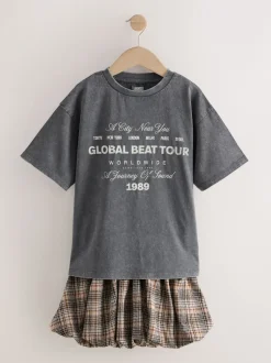 Shorts En Rokken|Next Antraciet - Set van oversized T-shirt en geruite rok (3-16jr)