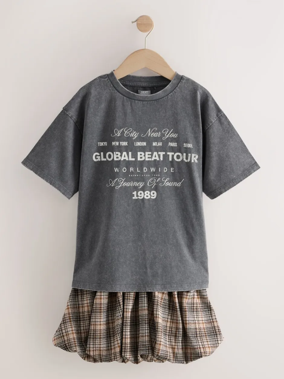 Shorts En Rokken|Next Antraciet - Set van oversized T-shirt en geruite rok (3-16jr)