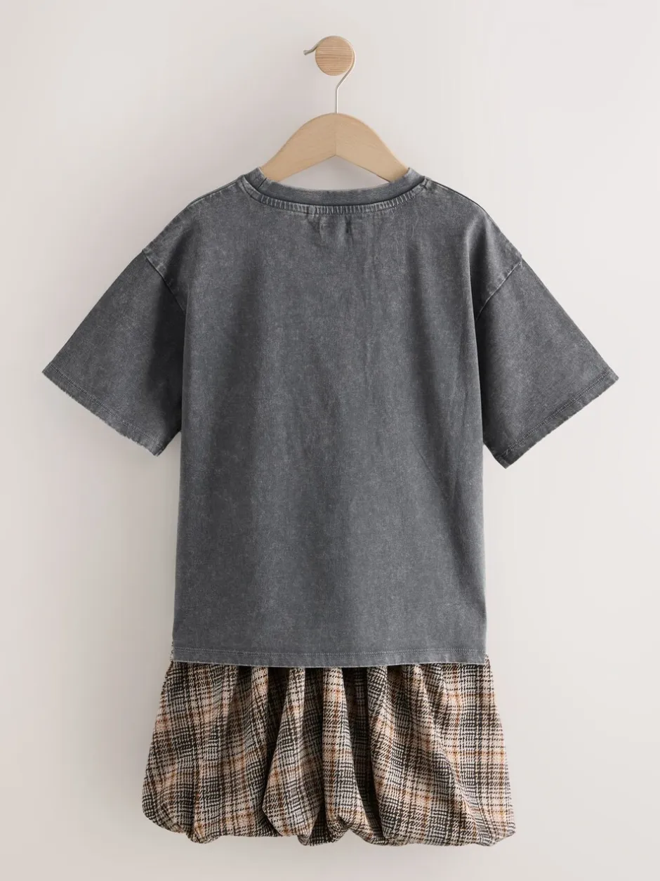 Shorts En Rokken|Next Antraciet - Set van oversized T-shirt en geruite rok (3-16jr)
