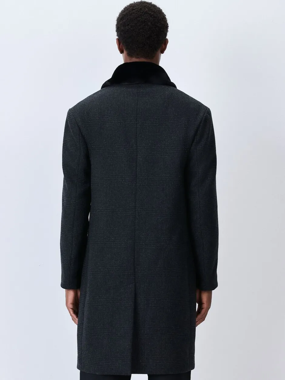 Jassen En Jacks|Next Antraciet - Wool Rich Check Epsom Coat With Fur Trim Lapel