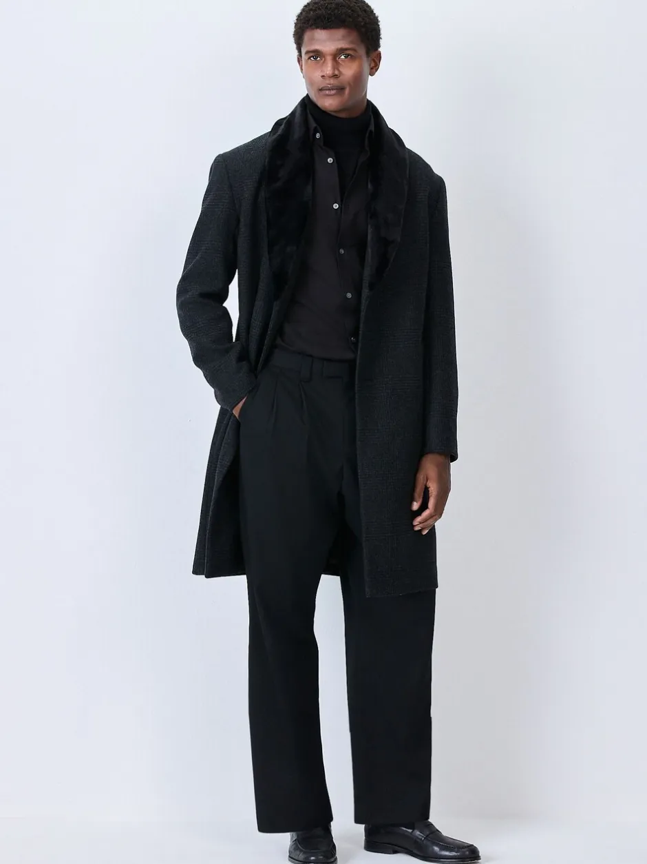 Jassen En Jacks|Next Antraciet - Wool Rich Check Epsom Coat With Fur Trim Lapel
