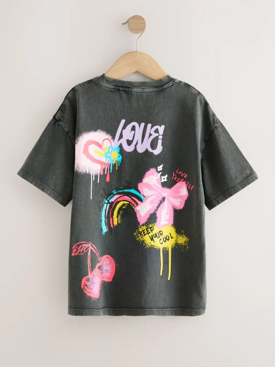 Tops|T-Shirts|Next Antraciet graffiti - Oversized T-shirt met grafische print (3-16jr)