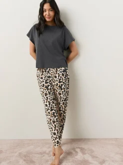 Pyjama's|Loungewear|Next Antraciet met luipaardprint - Pyjama met korte mouwen