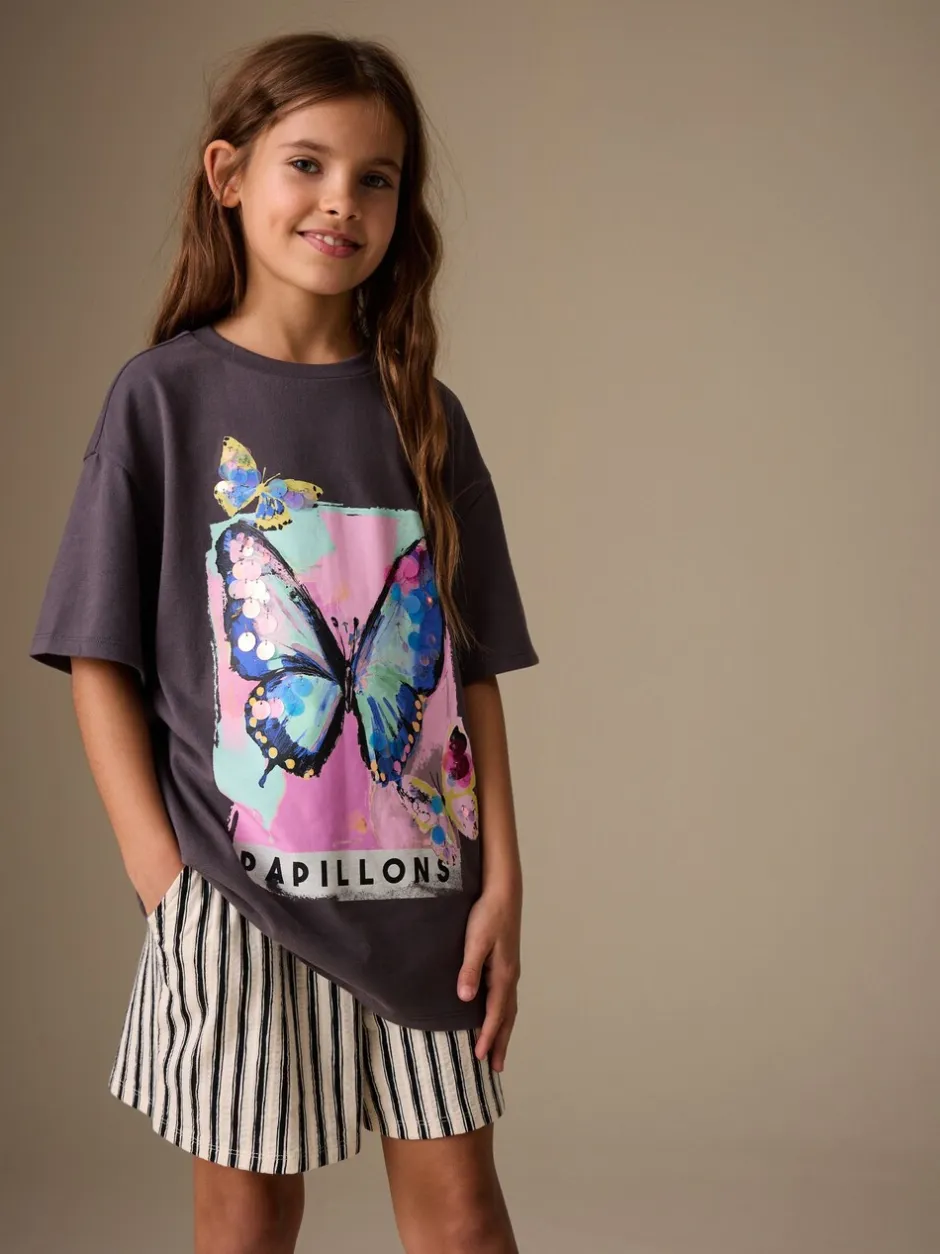 T-Shirts*Next Antracietgrijs vlinder - Sequin Oversized T-Shirt (3-16yrs)