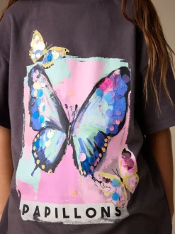 T-Shirts*Next Antracietgrijs vlinder - Sequin Oversized T-Shirt (3-16yrs)