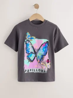 T-Shirts*Next Antracietgrijs vlinder - Sequin Oversized T-Shirt (3-16yrs)