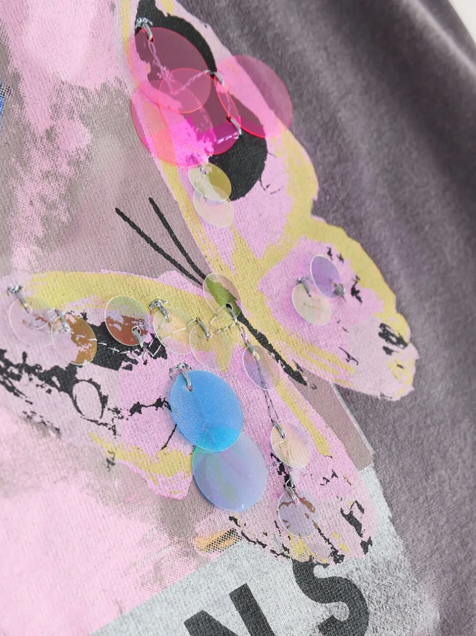 T-Shirts*Next Antracietgrijs vlinder - Sequin Oversized T-Shirt (3-16yrs)