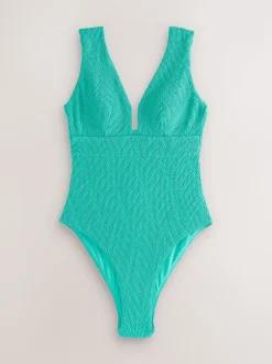Badkleding|Next Aqua Groen Kreukeltextuur - Diepuitgesneden vormgevend buikcorrigerend badpak