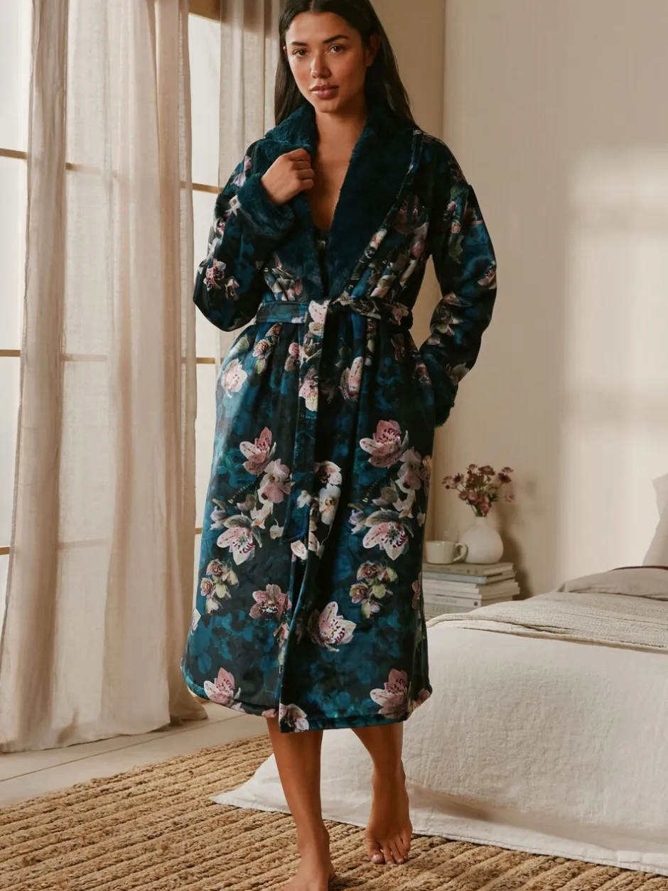 Badjassen|Alle Nacht- En Loungekleding|B by Ted Baker Blauwgroene knusse bloemenbadjas