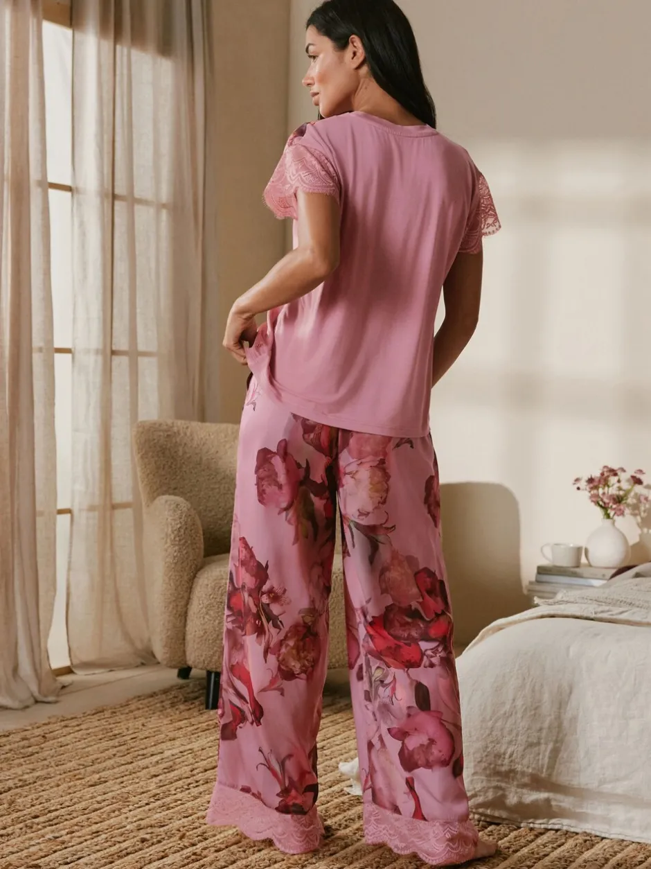Pyjama's|Loungewear|B by Ted Baker Pink Floral Satin Jersey Pyjamas