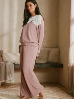 Pyjama's|Loungewear|B by Ted Baker Pink Ottoman Rib Wide Leg Lounge Trousers