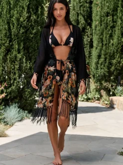 Mutsen, Handschoenen En Sjaals|Badkleding*B by Ted Baker Viscose Tassel Kimono Black Koi Floral Cover-Up