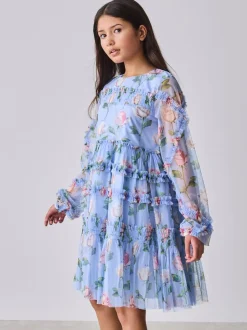 Gelegenheidskleding|Jurken*Baker by Ted Baker Blue Floral Mesh Ruffle Dress