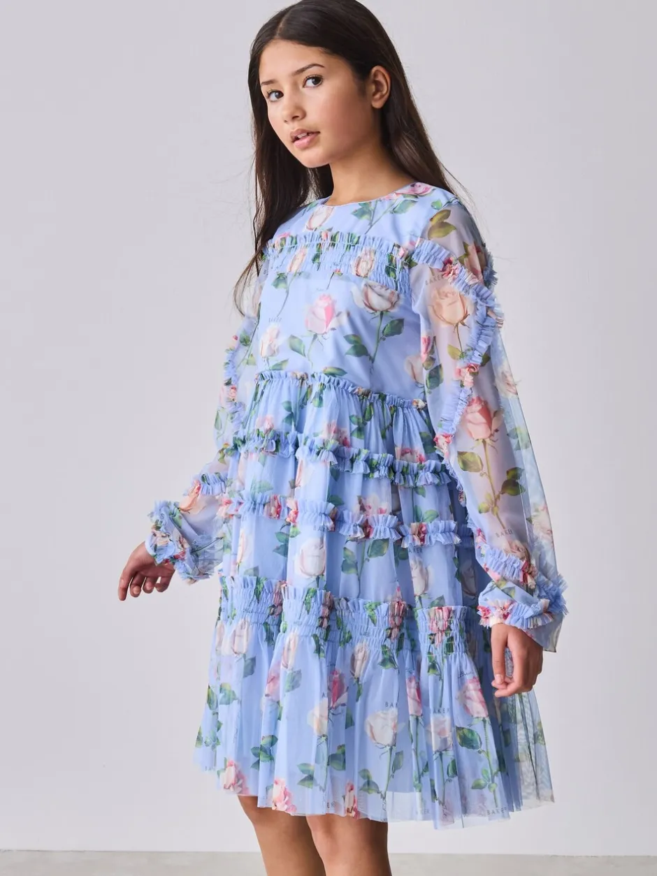 Gelegenheidskleding|Jurken*Baker by Ted Baker Blue Floral Mesh Ruffle Dress