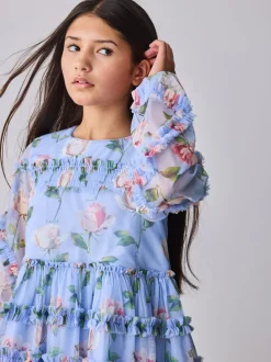 Gelegenheidskleding|Jurken*Baker by Ted Baker Blue Floral Mesh Ruffle Dress