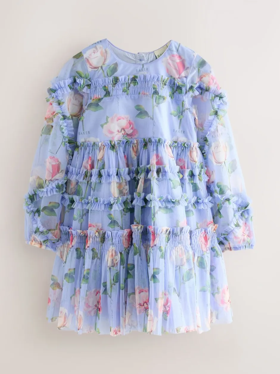 Gelegenheidskleding|Jurken*Baker by Ted Baker Blue Floral Mesh Ruffle Dress