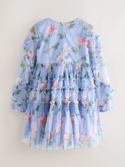 Gelegenheidskleding|Jurken*Baker by Ted Baker Blue Floral Mesh Ruffle Dress