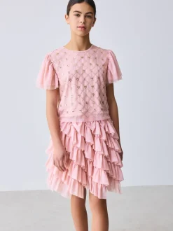 Shorts En Rokken*Baker by Ted Baker Pink 2 Piece Sequin Mesh Top & Ruffle Tier Skirt Set