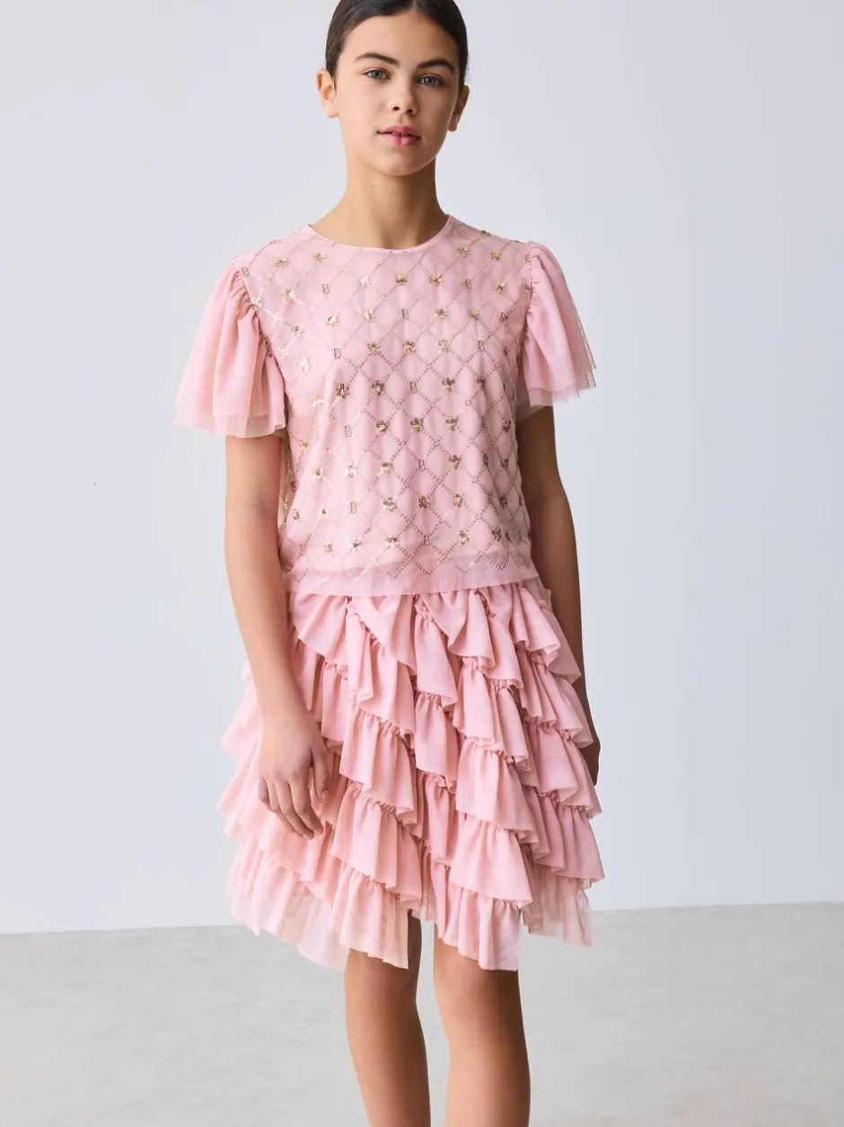 Shorts En Rokken*Baker by Ted Baker Pink 2 Piece Sequin Mesh Top & Ruffle Tier Skirt Set
