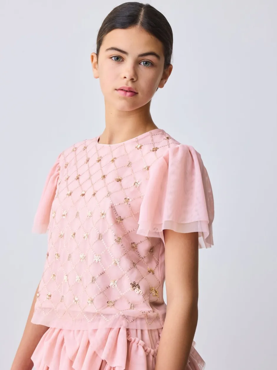 Shorts En Rokken*Baker by Ted Baker Pink 2 Piece Sequin Mesh Top & Ruffle Tier Skirt Set