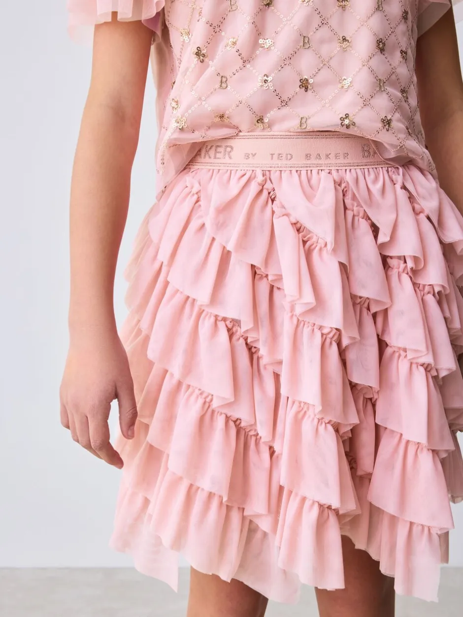 Shorts En Rokken*Baker by Ted Baker Pink 2 Piece Sequin Mesh Top & Ruffle Tier Skirt Set