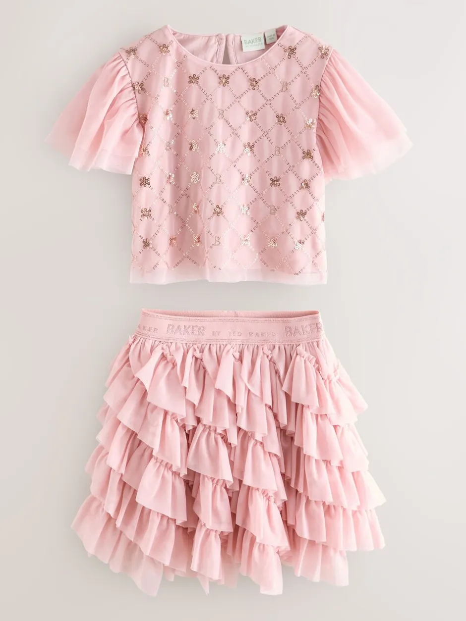 Shorts En Rokken*Baker by Ted Baker Pink 2 Piece Sequin Mesh Top & Ruffle Tier Skirt Set