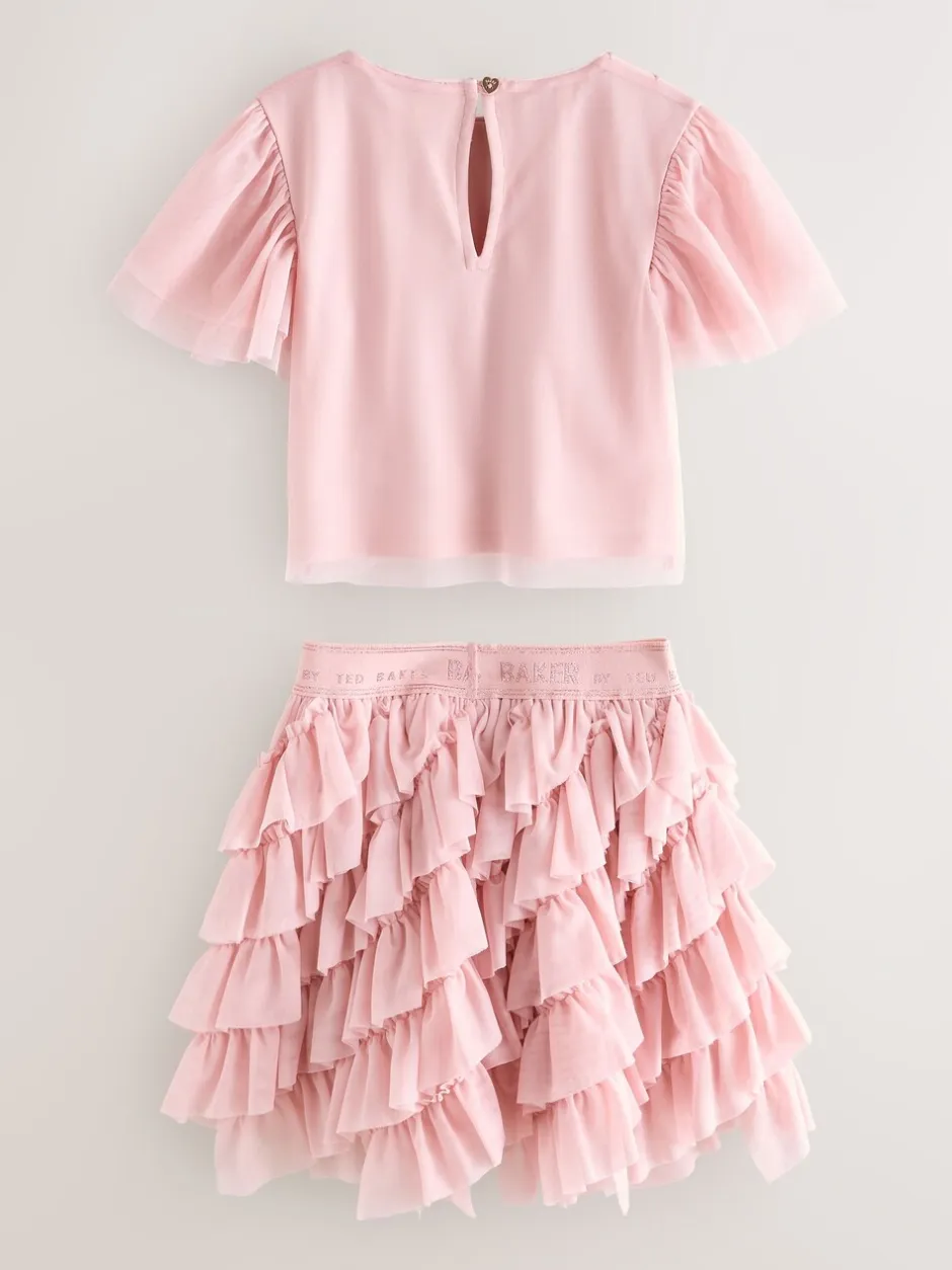 Shorts En Rokken*Baker by Ted Baker Pink 2 Piece Sequin Mesh Top & Ruffle Tier Skirt Set
