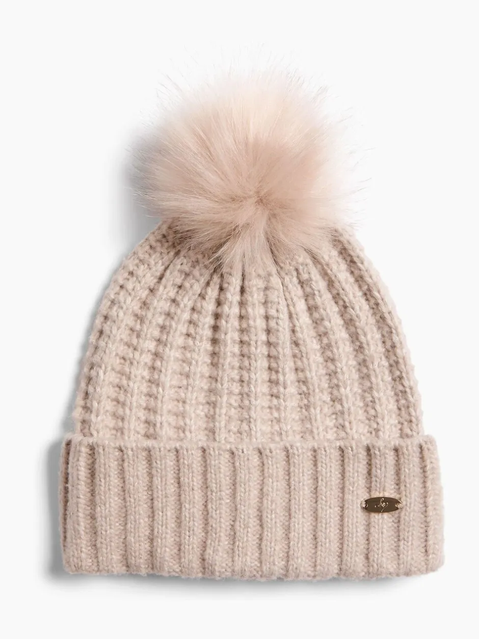 Mutsen, Handschoenen En Sjaals*Lipsy Beige - Shimmer Ribbed Pom Hat