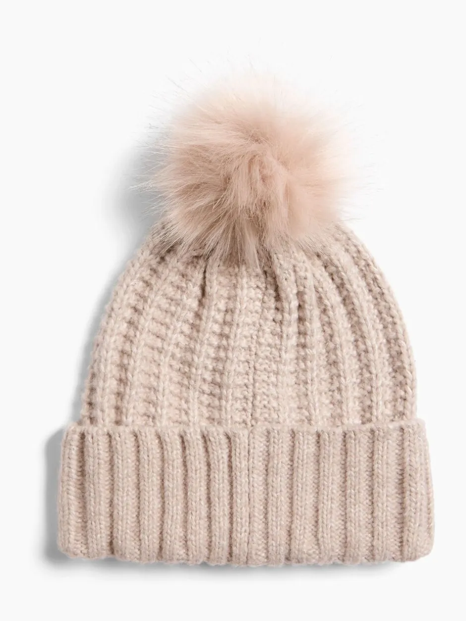 Mutsen, Handschoenen En Sjaals*Lipsy Beige - Shimmer Ribbed Pom Hat