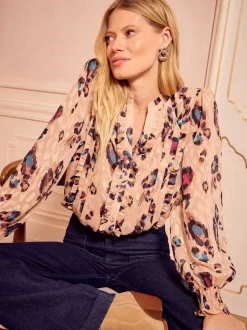 Gelegenheidskleding|Blouses En Overhemden*Love & Roses Beige Animal - blouse met lange mouwen en inkeping