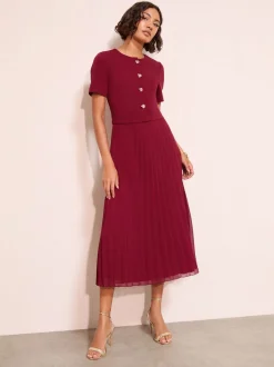 Gelegenheidskleding|Friends Like These - Button Down 2-In-1 Pleated Dress Bessenrood