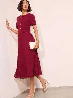 Gelegenheidskleding|Friends Like These - Button Down 2-In-1 Pleated Dress Bessenrood