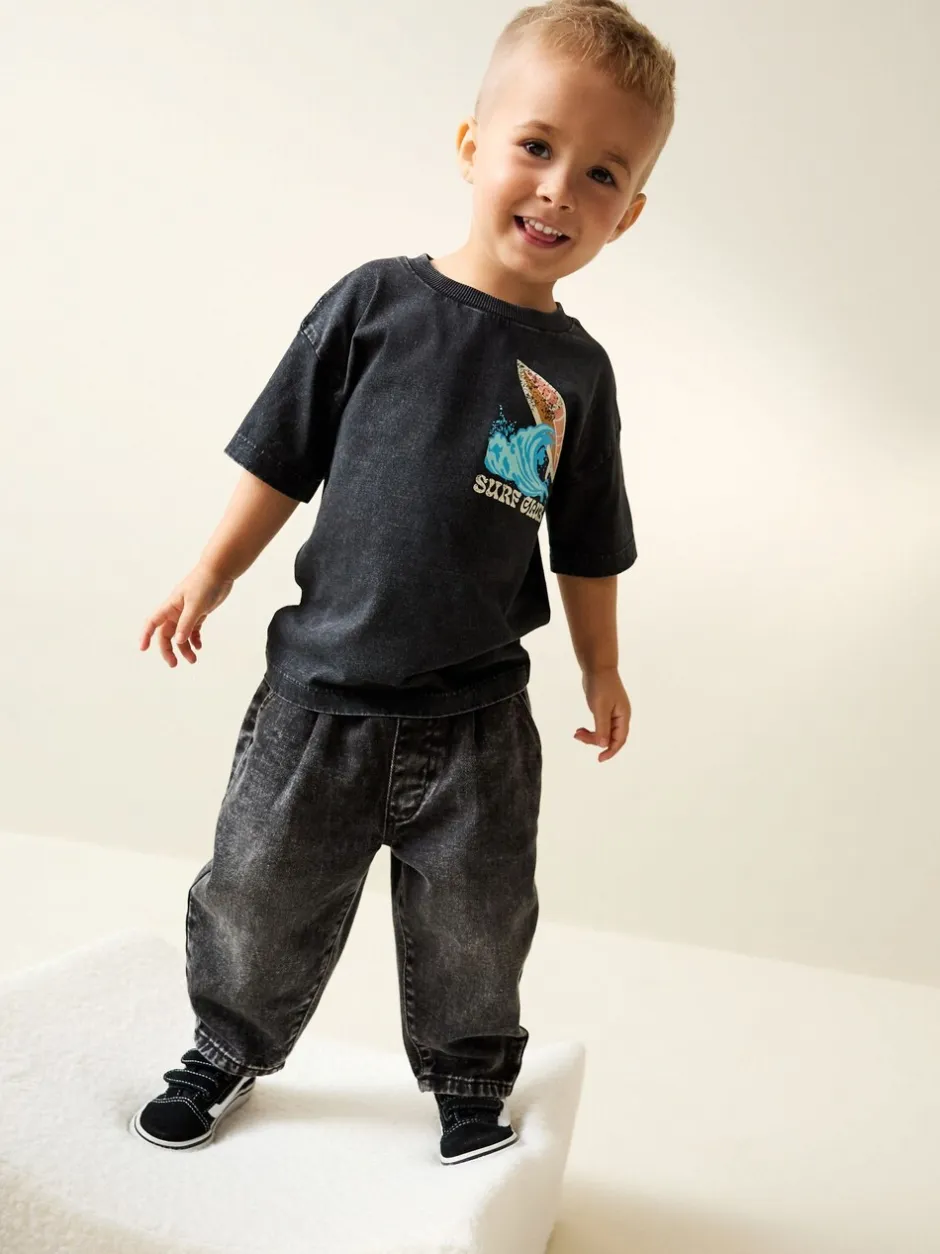 Tops|T-Shirts|Next Black Acid Wash Surf Club Oversized - T-shirt met korte mouwen en print op de rug (3mnd -7jr)