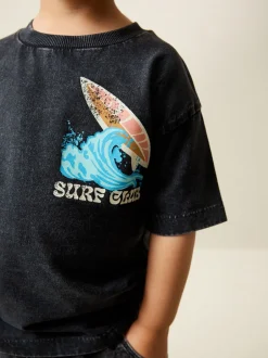Tops|T-Shirts|Next Black Acid Wash Surf Club Oversized - T-shirt met korte mouwen en print op de rug (3mnd -7jr)