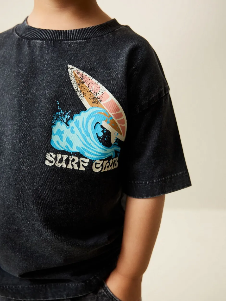 Tops|T-Shirts|Next Black Acid Wash Surf Club Oversized - T-shirt met korte mouwen en print op de rug (3mnd -7jr)
